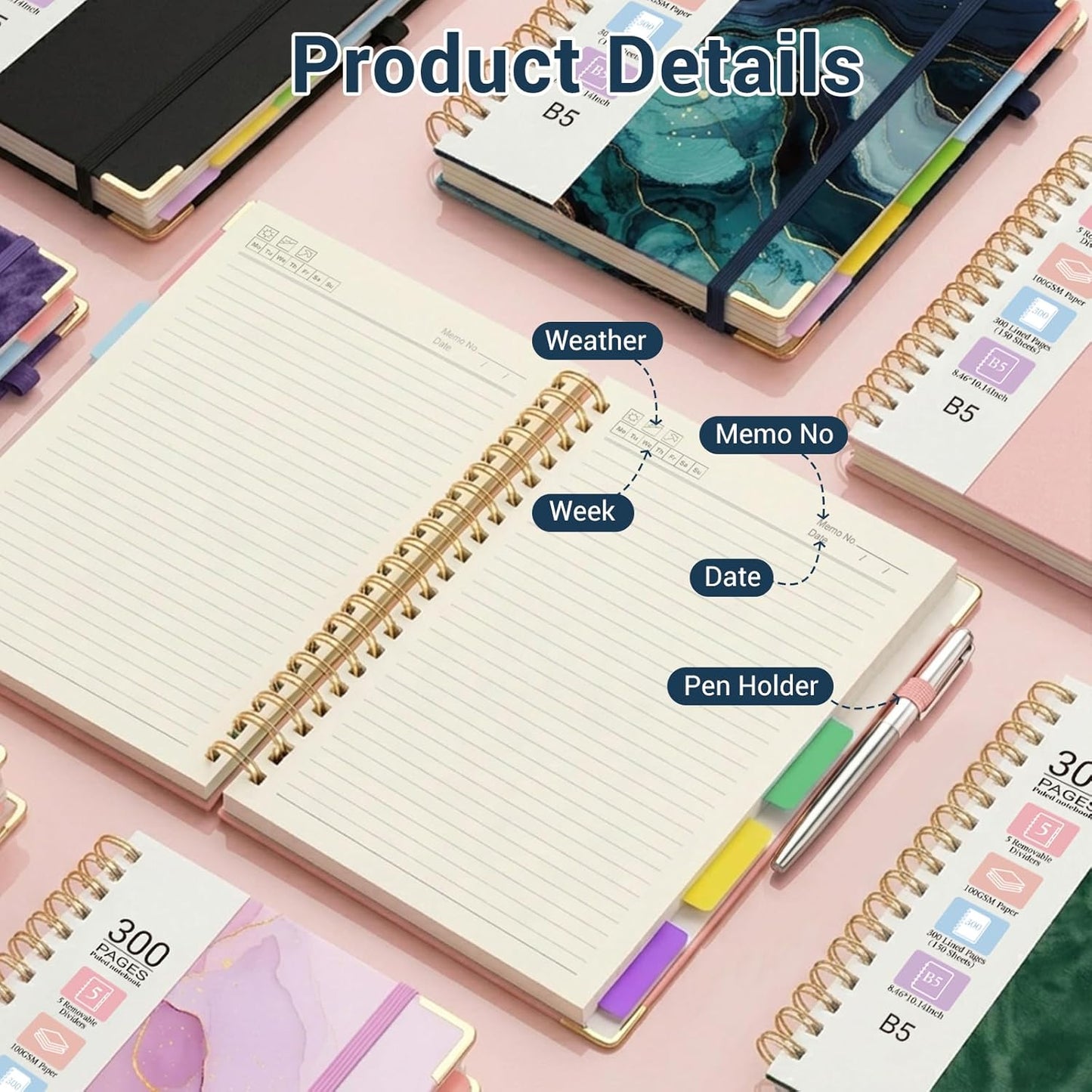 Hardcover Spiral Journal Notebook, 300 Pages 5 Subject Notebook College Ruled with Removable Dividers Tabs, 8" x 10" Notebooks for Work, Spiral Ruled Lined Writing Journal Hardcover Leather Notebook for School (Black, 8''x 10'')
