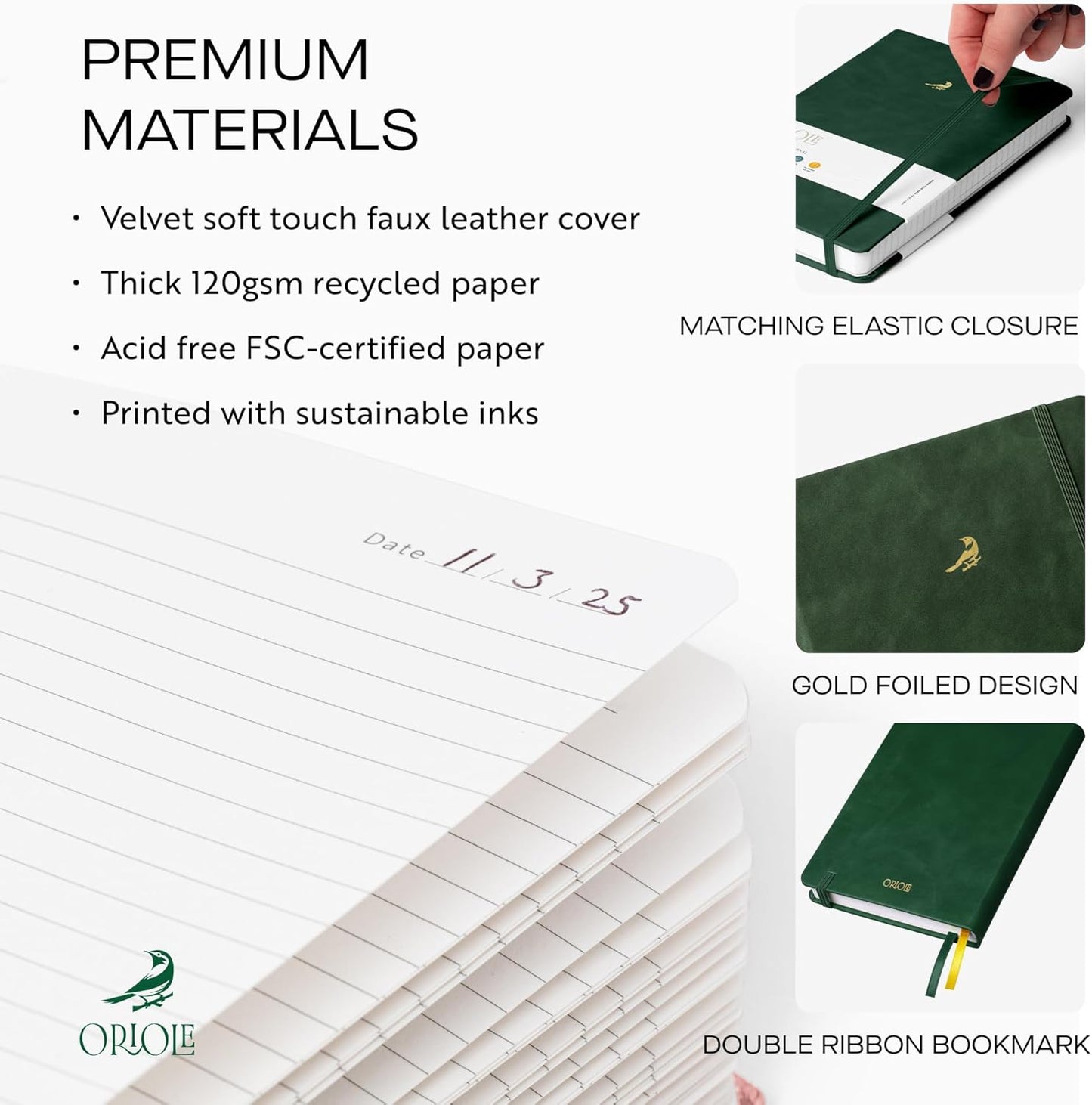 Oriole Vegan Leather Ruled Notebook - Chestnut Brown | 176 Pages of Thick Lined Paper | Soft Touch Hardcover Journal (5 x 8 in) with Gold Foil Bird Design & Luxury Gift Box