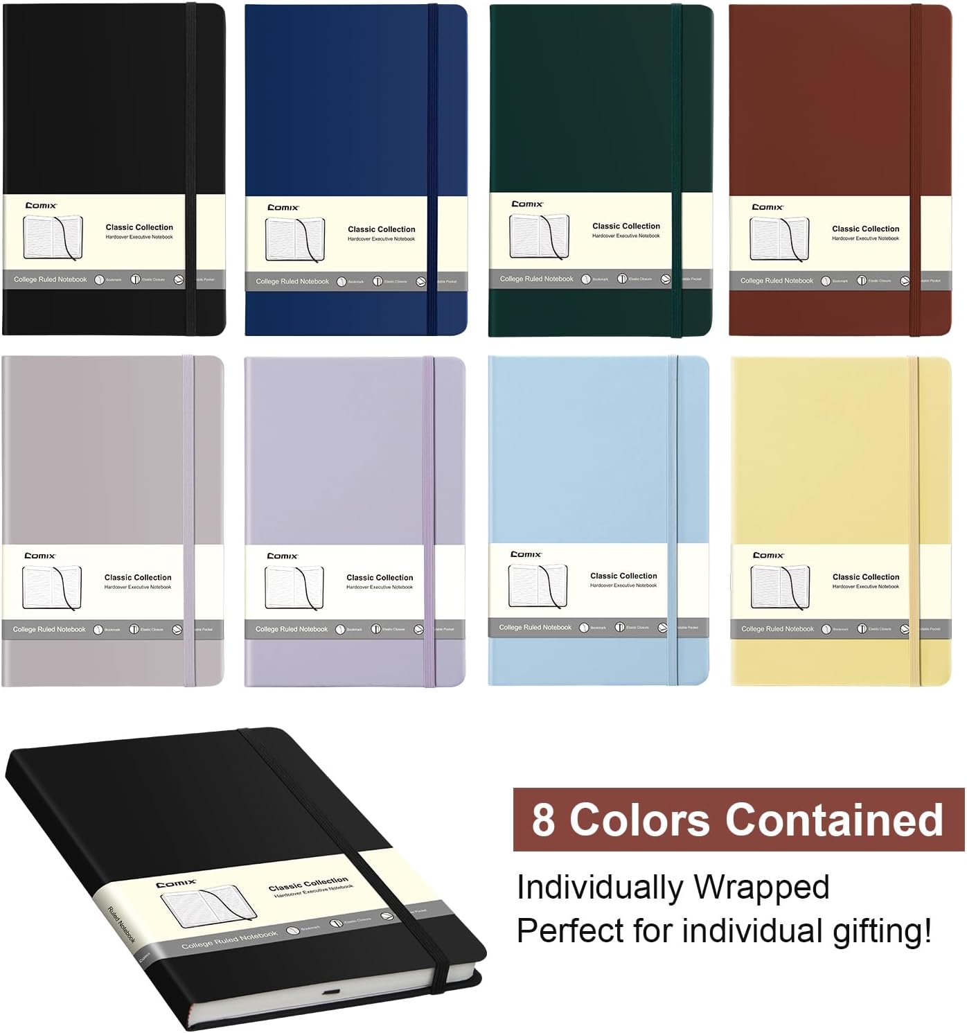 Comix 6 Pack Lined Journal Notebooks for Work, 240 Pages, 5.5"x8.3", Black, Hardcover, A5 Medium College Ruled, Journaling Notebooks for Notes-Taking, Fits for Office School Home