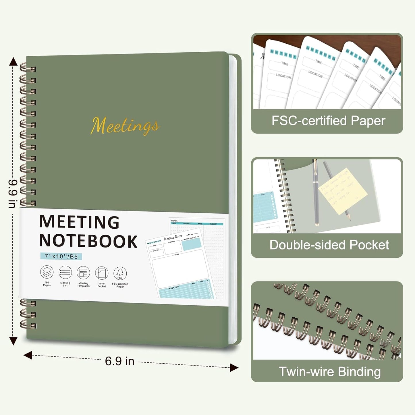 Meeting Notebook for Work Organization, Work Planner Notebook with Action Items, Project Agenda Planner for Note Taking, 160 Pages (6.9" X 9.9"), Perfect Office School Business Supplies for Women & Men(Blue)