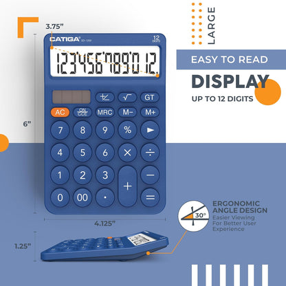 CATIGA 12 Digit Desktop Calculator Basic Desk Calculator with Large LCD Display, Big Buttons, 4 Function, Solar and Battery Dual Power, for Office, School, Home, SD-1292 Green