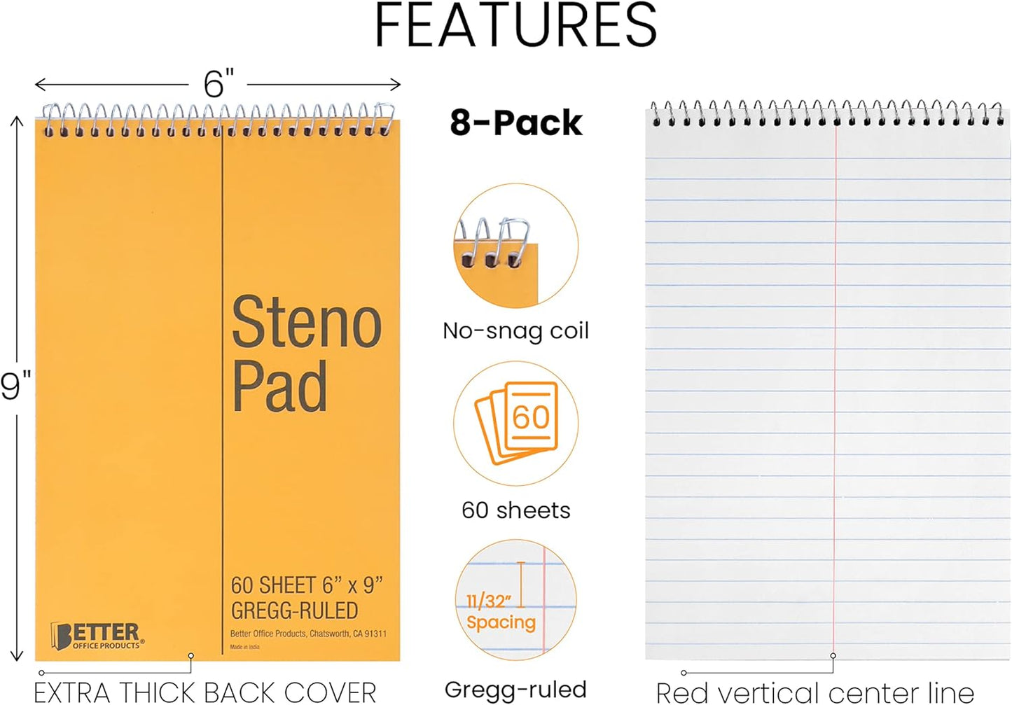 Better Office Products Spiral Steno Pads, 8 Pack, 6 x 9 inches, 60 Sheets, White Paper, Gregg Rule, Natural Board Cover, 8 Steno Notebooks