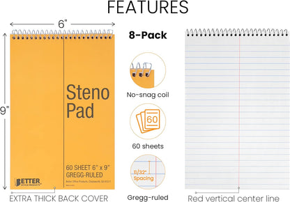 Better Office Products Spiral Steno Pads, 8 Pack, 6 x 9 inches, 60 Sheets, White Paper, Gregg Rule, Natural Board Cover, 8 Steno Notebooks