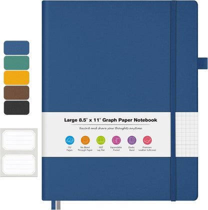 College Ruled Notebook, A4 Softcover Leather Notebook for Work, Lined Notebook Journal for Women, Men, 192 Thick Paper, Lay Flat, Large Notebook with 2 Pockets, Professional Business Notebook, Blue