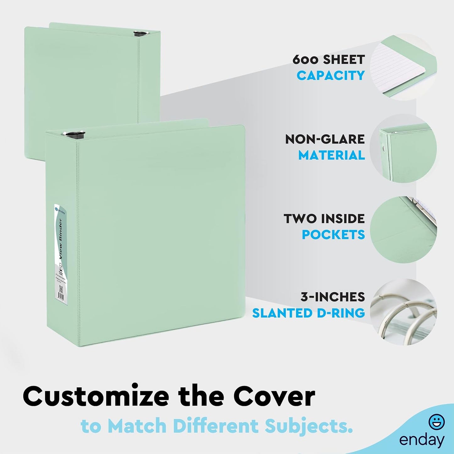 Enday 1.5 Inch Binder, Green - 1.5 Inch 3 Ring Binder, Round Ring Pastel with Clear View Cover for Letter Size 8.5 x 11'' Paper & 2 Inside Pockets, Ideal for School Supplies, Office, and Home