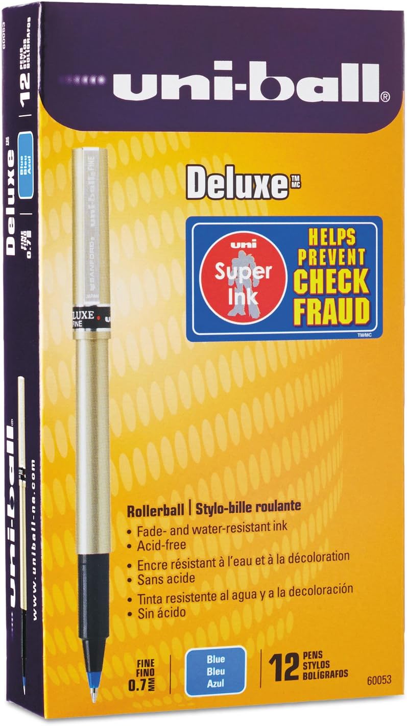 uni-ball 60053 Deluxe Roller Ball Stick Waterproof Pen Blue Ink Fine Dozen