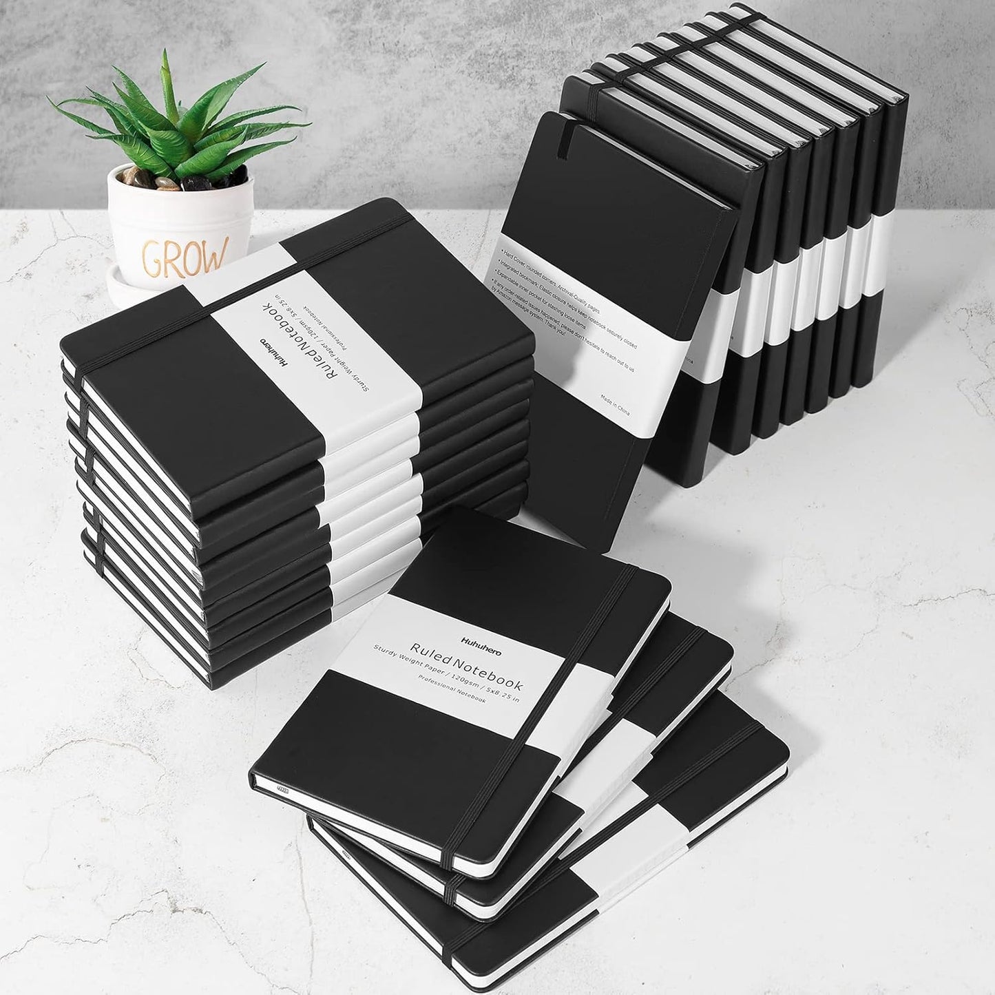Huhuhero 5 Pack Lined Journal Notebooks, Hardcover Notebook for Work School Office, 5"×8.25", 120Gsm Thick Ruled Writing Journals for Note Taking Business, Black