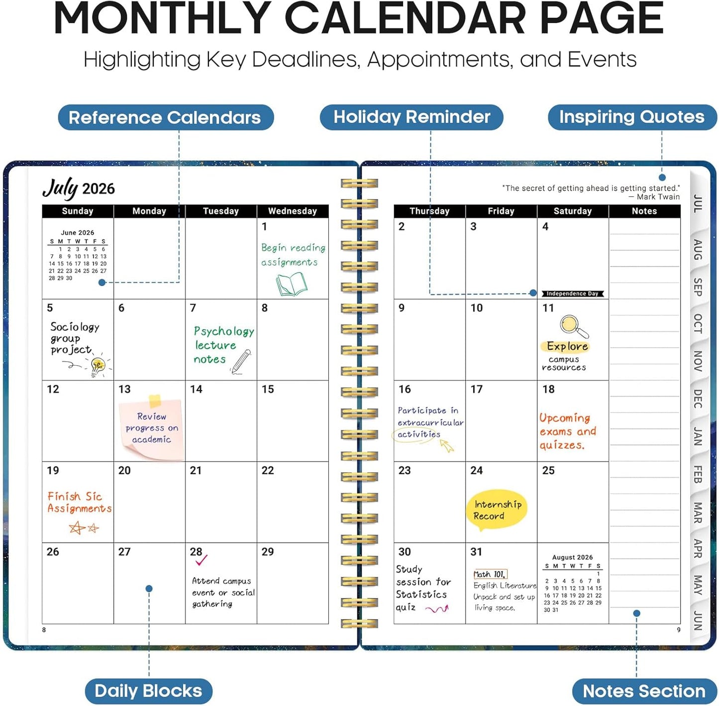 Planner 2026-2027, Academic Year Monthly and Weekly Calendar Planner, Jul 2026 - Jun 2027, Hardcover Teacher Student Planning Agenda book with Tabs, Perfect for School Office Supplies, 6.3" x 8.5" - Wildflowers