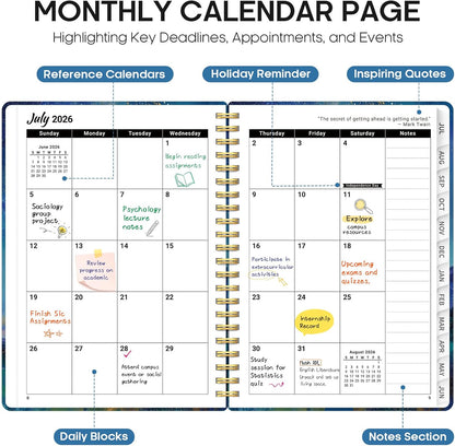 Planner 2026-2027, Academic Year Monthly and Weekly Calendar Planner, Jul 2026 - Jun 2027, Hardcover Teacher Student Planning Agenda book with Tabs, Perfect for School Office Supplies, 6.3" x 8.5" - Wildflowers