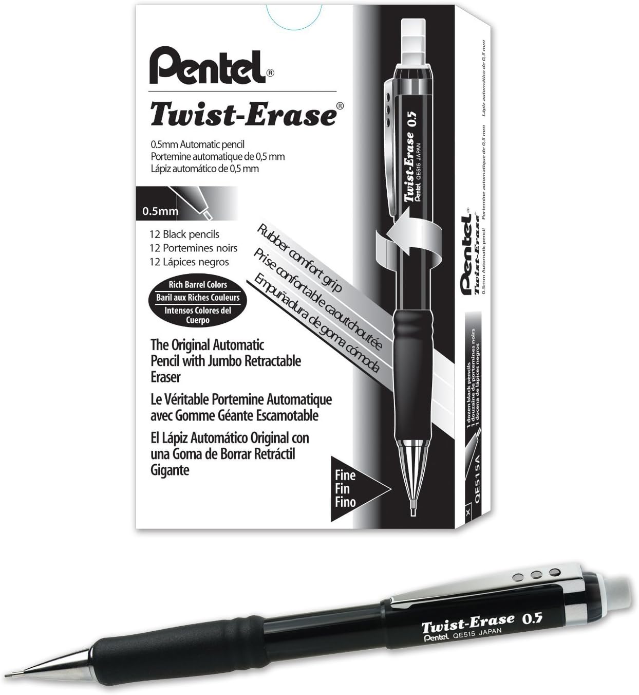 Pentel Twist-Erase III Mechanical Pencil, (0.5mm), Black Barrel, 12 Pack (QE515A)