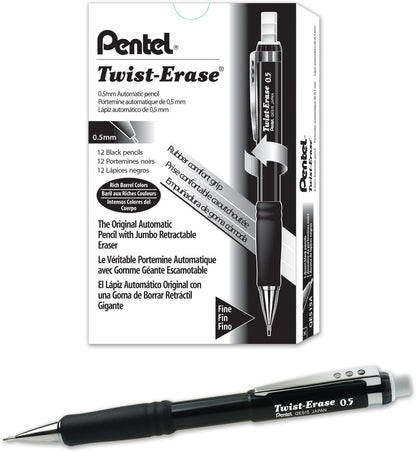 Pentel Twist-Erase III Mechanical Pencil, (0.5mm), Black Barrel, 12 Pack (QE515A)