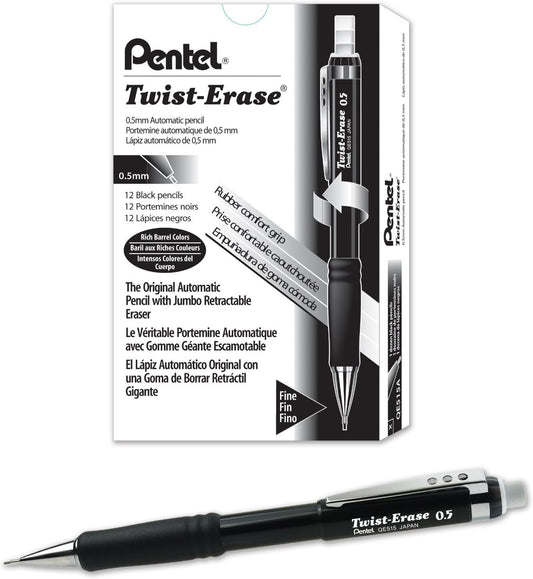 Pentel Twist-Erase III Mechanical Pencil, (0.5mm), Black Barrel, 12 Pack (QE515A)