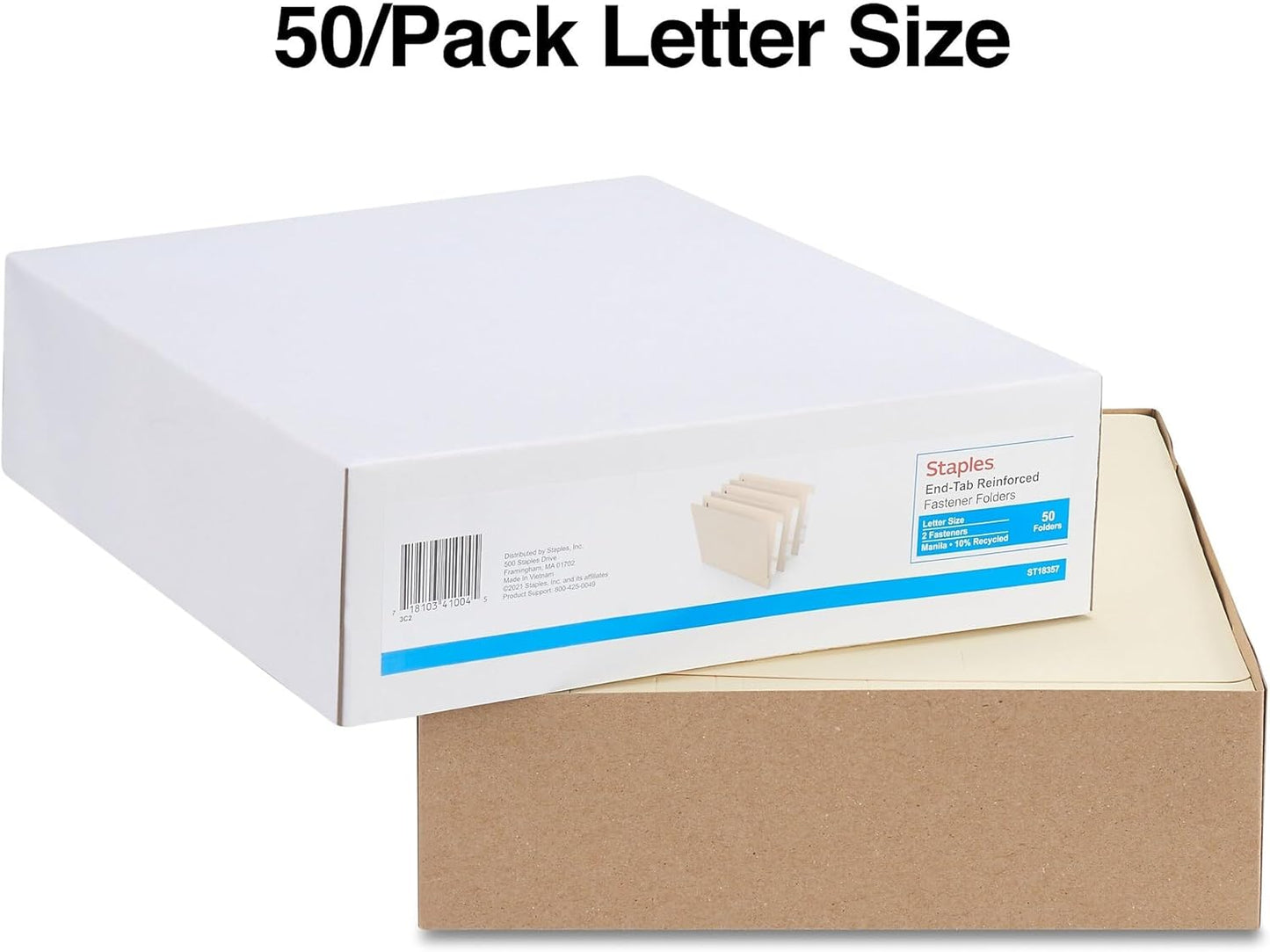 Staples Reinforced End‑Tab Classification Folders, Letter Size, Manila, Durable 2‑Fastener Design – 100/Carton