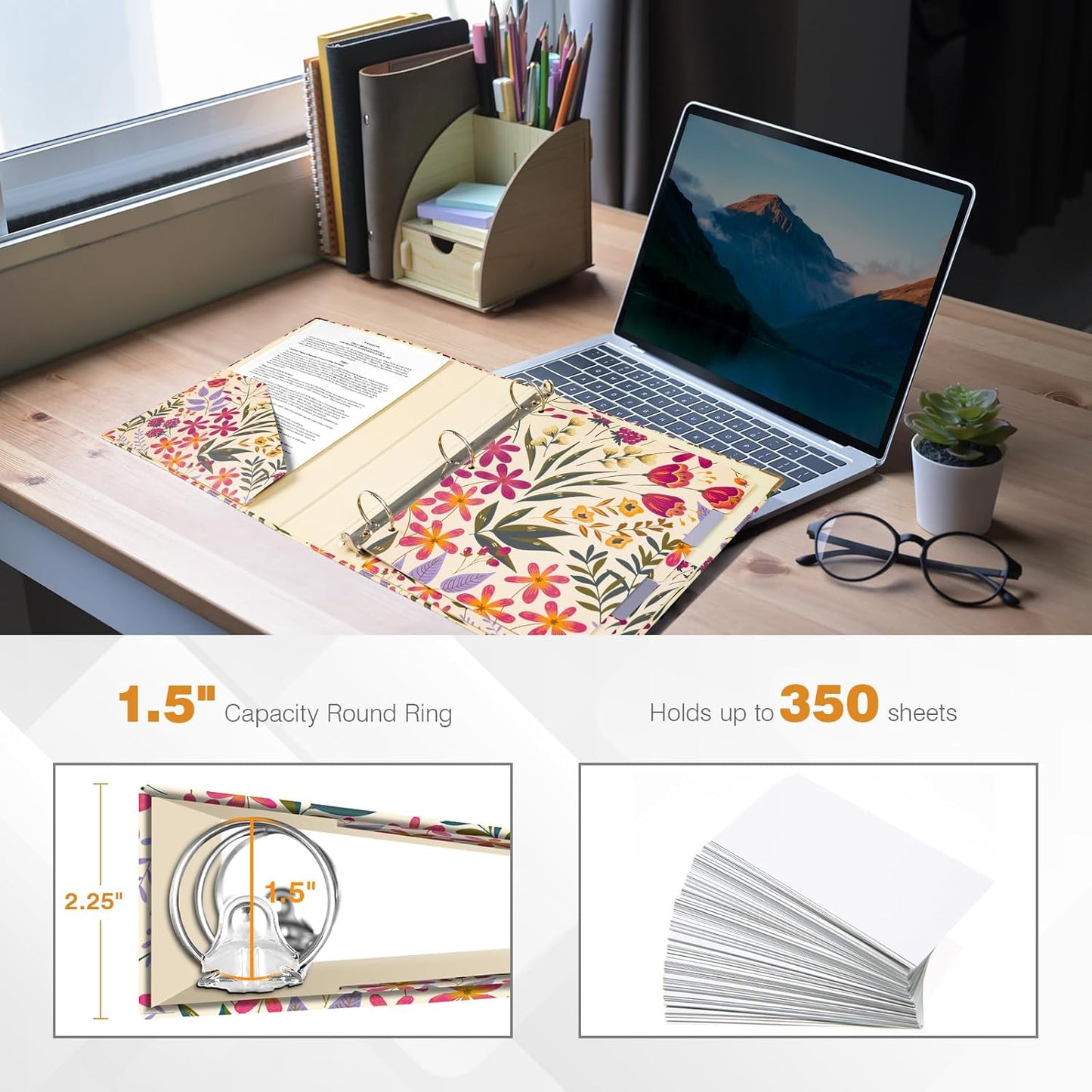 Ospelelf Binder 3 Ring 1 Inch, Floral Round Ring Clipboard Binder for Letter Size with 5 Tab Dividers, File Folder Labels, for School and Office Supplies