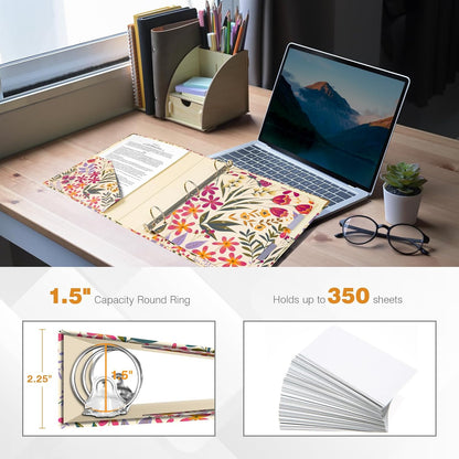 Ospelelf Binder 3 Ring 1 Inch, Floral Round Ring Clipboard Binder for Letter Size with 5 Tab Dividers, File Folder Labels, for School and Office Supplies