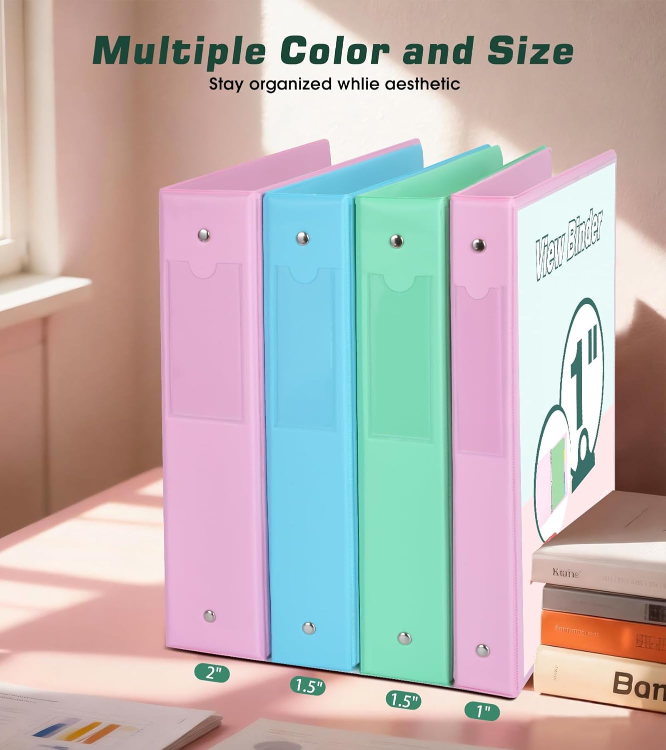 3 Ring Binder 1.5 inch，Cute Binder Organizer with 5 Tab Dividers Fits 175 Sheets of 8.5x11 Paper,Customizable Clear Cover with Inside Pockets,Aesthetic 1.5" Three Ring Binders for School Office,Purple