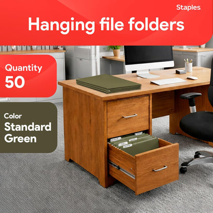 Staples Hanging File Folders, Legal Size, 1/5‑Cut Tabs, Standard Green, Includes Tabs & Paper Inserts – 50/Pack