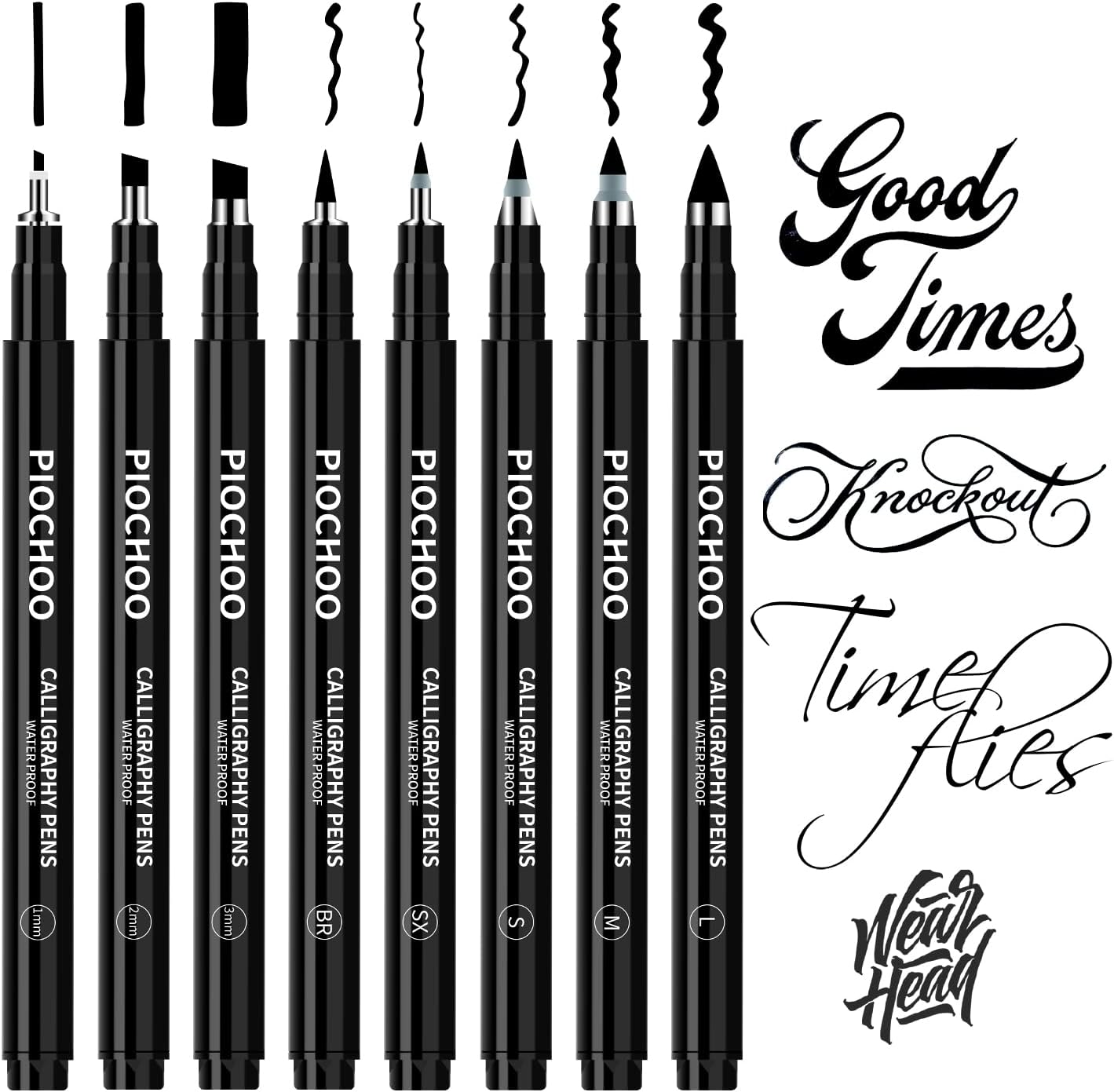 Piochoo Calligraphy Pens,8 Size Calligraphy Pens for Writing,Brush Pens Calligraphy Set for Beginners, Hand Lettering Pens