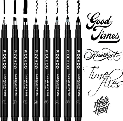 Piochoo Calligraphy Pens,8 Size Calligraphy Pens for Writing,Brush Pens Calligraphy Set for Beginners, Hand Lettering Pens
