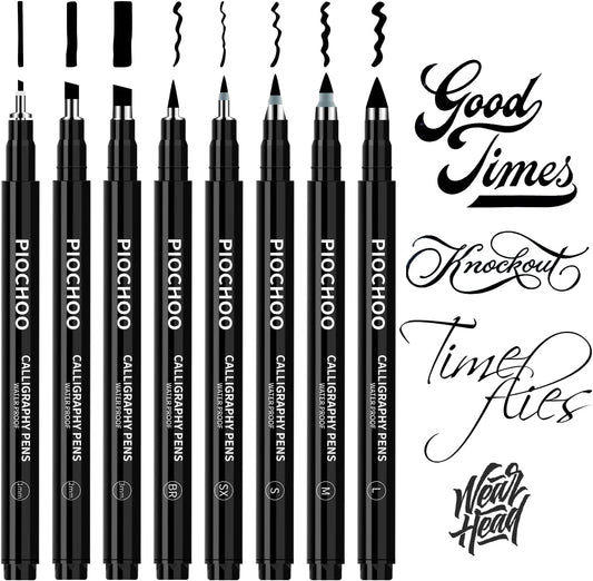 Piochoo Calligraphy Pens,8 Size Calligraphy Pens for Writing,Brush Pens Calligraphy Set for Beginners, Hand Lettering Pens