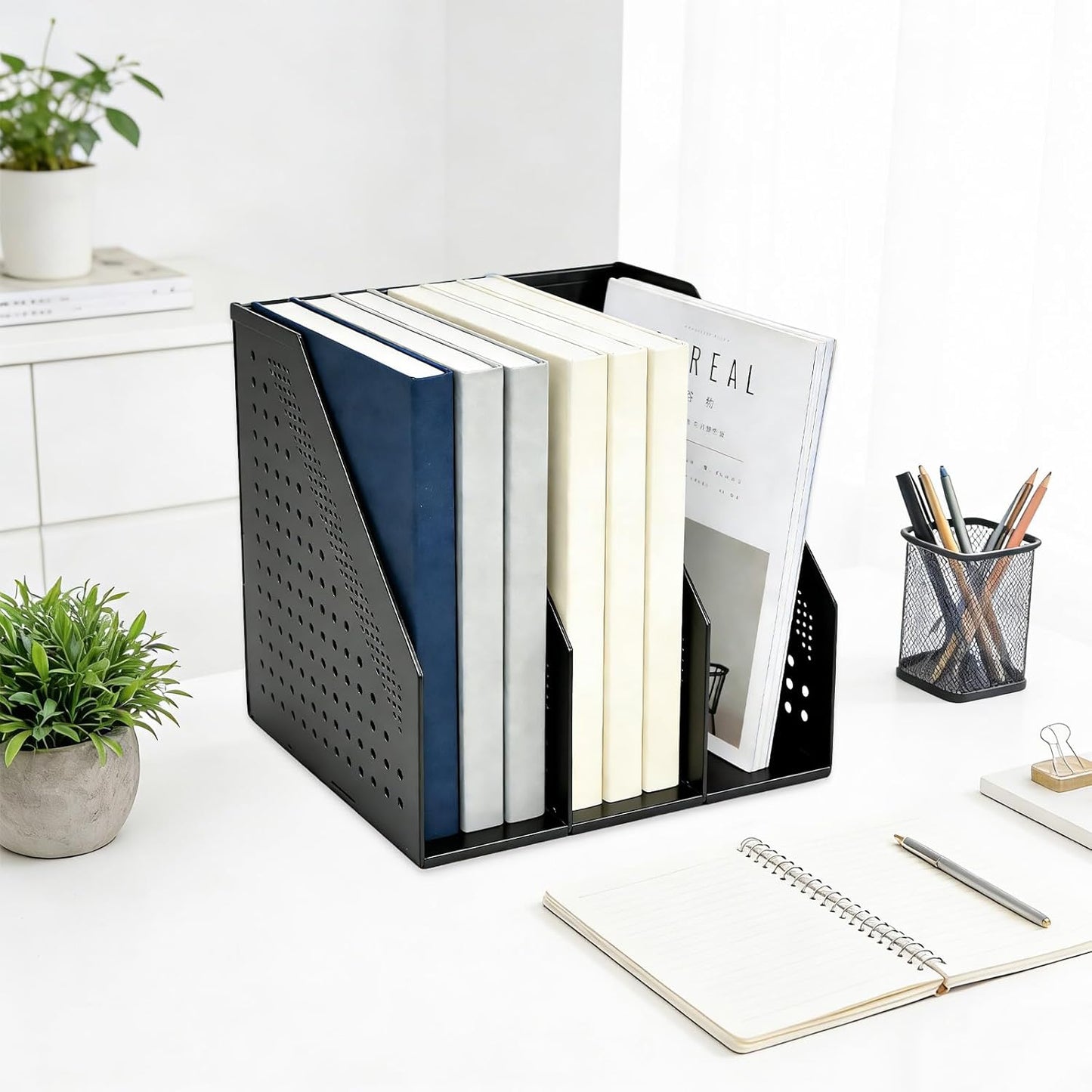 SAYEEC 1Pcs Collapsible Plastic Magazine File Holder Vertical Binder Storage Organizer for Desk Sturdy Upright Desktop Magazine Organizer Folder Rack for Office School Home (3 Compartments, Gray)
