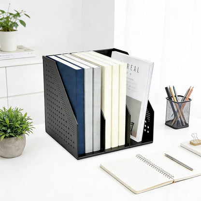 SAYEEC 1Pcs Collapsible Plastic Magazine File Holder Vertical Binder Storage Organizer for Desk Sturdy Upright Desktop Magazine Organizer Folder Rack for Office School Home (3 Compartments, Gray)