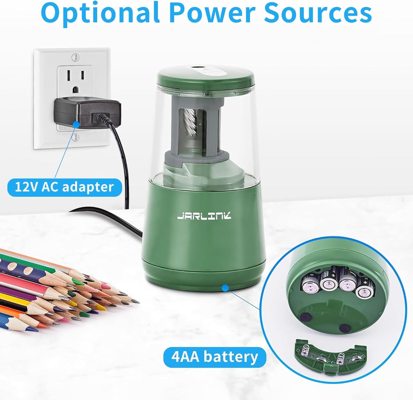 JARLINK Electric Pencil Sharpener, Heavy-Duty Helical Blade to Fast Sharpen, Auto Stop for No.2/Colored Pencils(6-8mm), AC Adapter/Battery Operated in School Classroom/Office/Home (Black)
