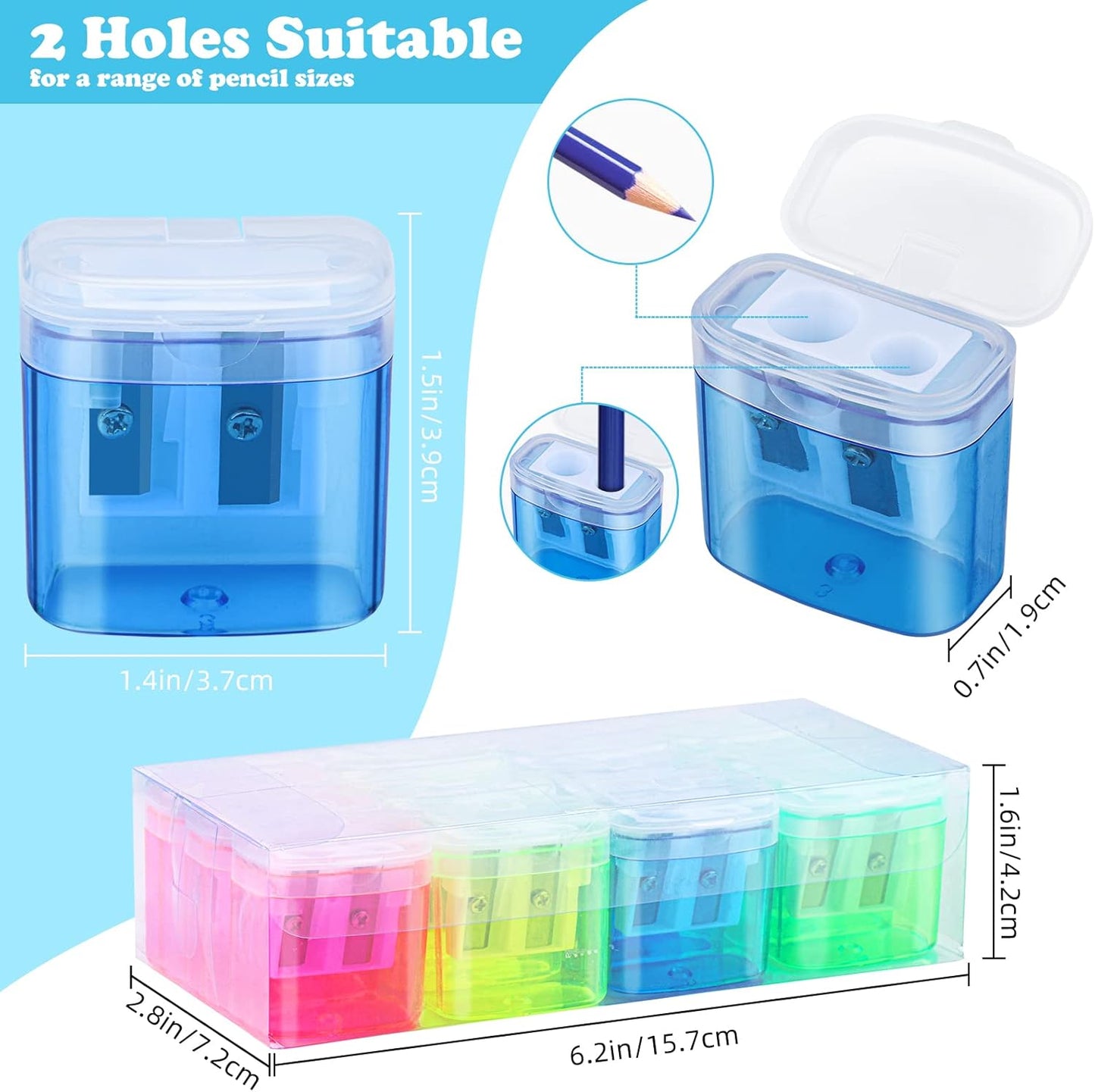 24 Pieces Pencil Sharpeners Manual Dual Holes Pencil Sharpener with Lid Portable Colorful Crayon Sharpener for Kids & Adults, School, Office, Home, Travel