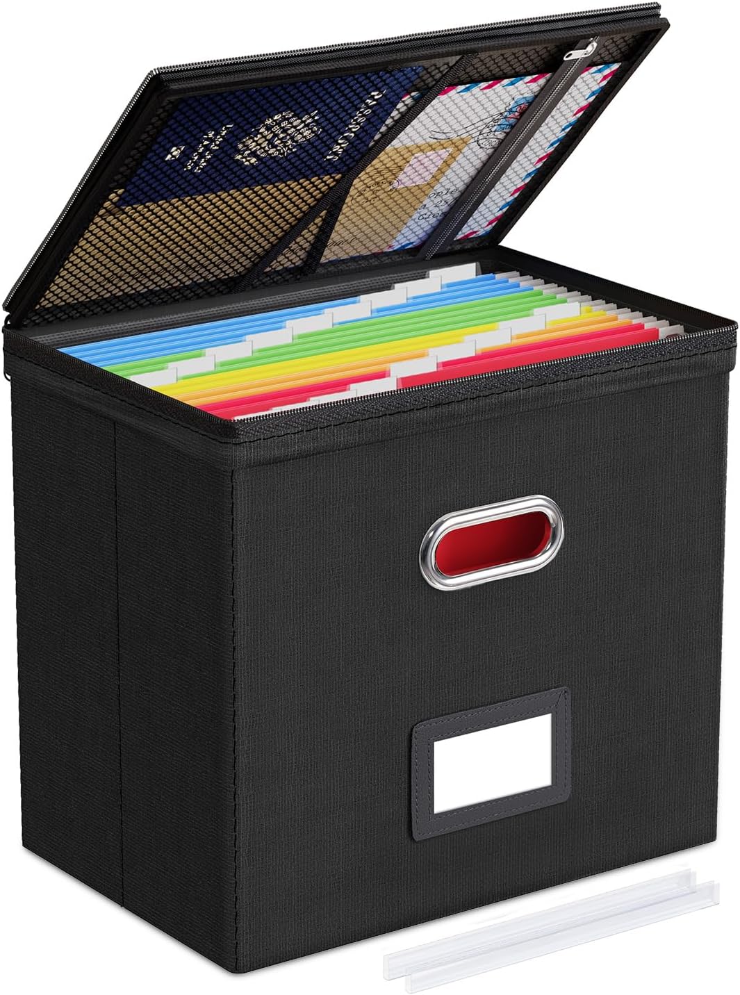 Oterri 2 Pack File Organizer Boxes with Lids, File Box with Mesh Pockets, Document Organizer Box for File Folders Letter Size, Zippers Filing Box for Home, Office, School (Green, Without Folders)