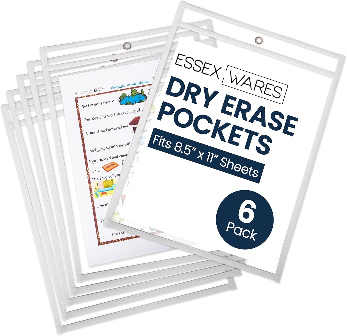 Essex Wares - 6 Pack, Assorted, Dry Erase Pocket Document Protectors, 10" Wide x 13.5" Tall- Dry Erase Clear Plastic Sleeves - Reusable & Easy Erase Plastic Invoice Holders, Water-Resistant & Durable