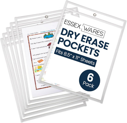 Essex Wares - 6 Pack, Assorted, Dry Erase Pocket Document Protectors, 10" Wide x 13.5" Tall- Dry Erase Clear Plastic Sleeves - Reusable & Easy Erase Plastic Invoice Holders, Water-Resistant & Durable