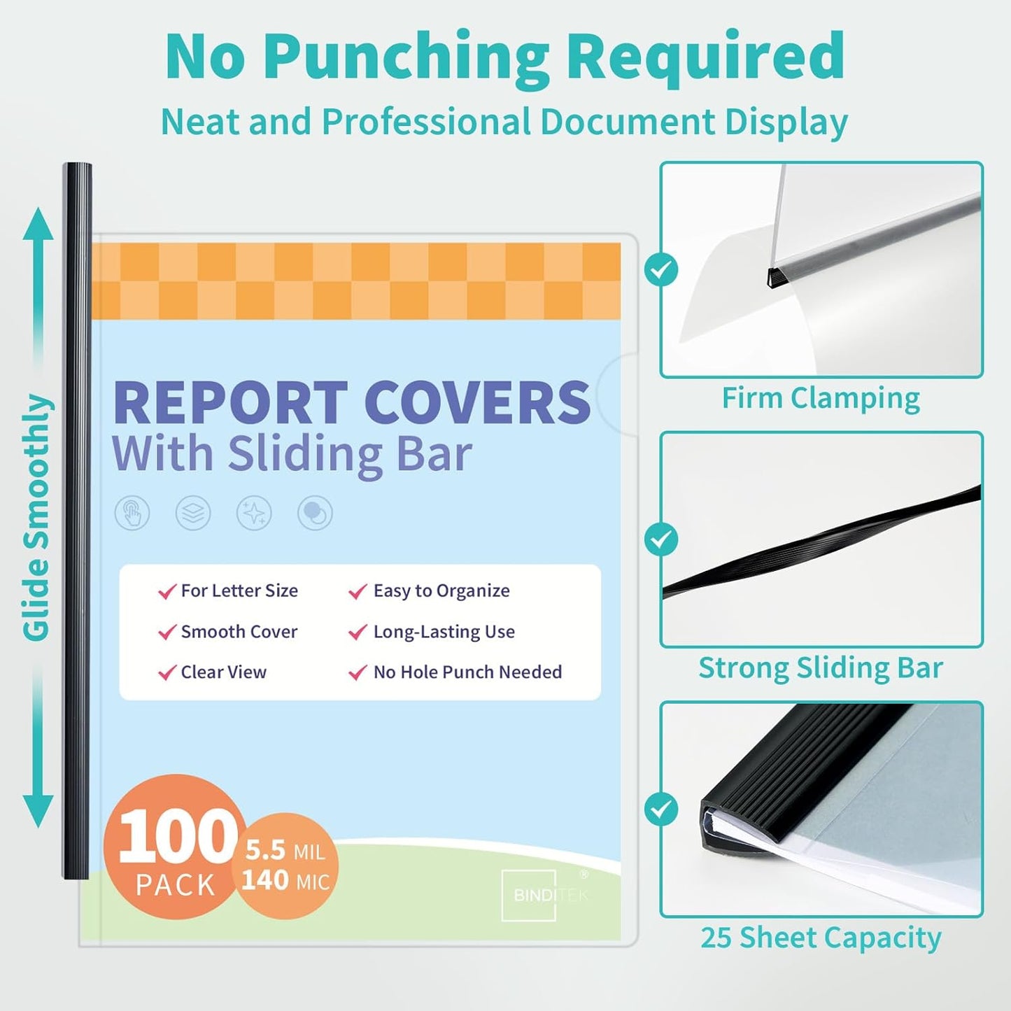 Binditek 12 Pack Clear Report Covers with Black Sliding Bars, 70 Sheet Capacity, 9mm Binding Bars, Letter Size, 5.5 Mil Thick, Black, for Students and Coworkers
