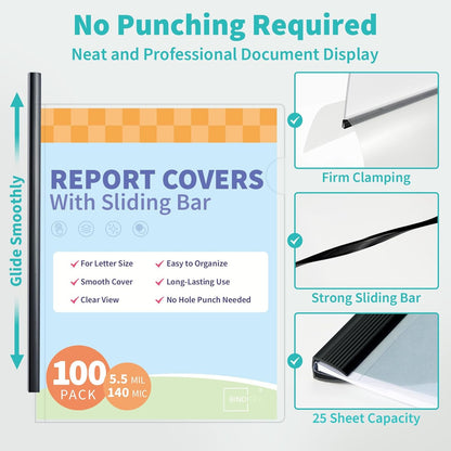 Binditek 12 Pack Clear Report Covers with Black Sliding Bars, 70 Sheet Capacity, 9mm Binding Bars, Letter Size, 5.5 Mil Thick, Black, for Students and Coworkers