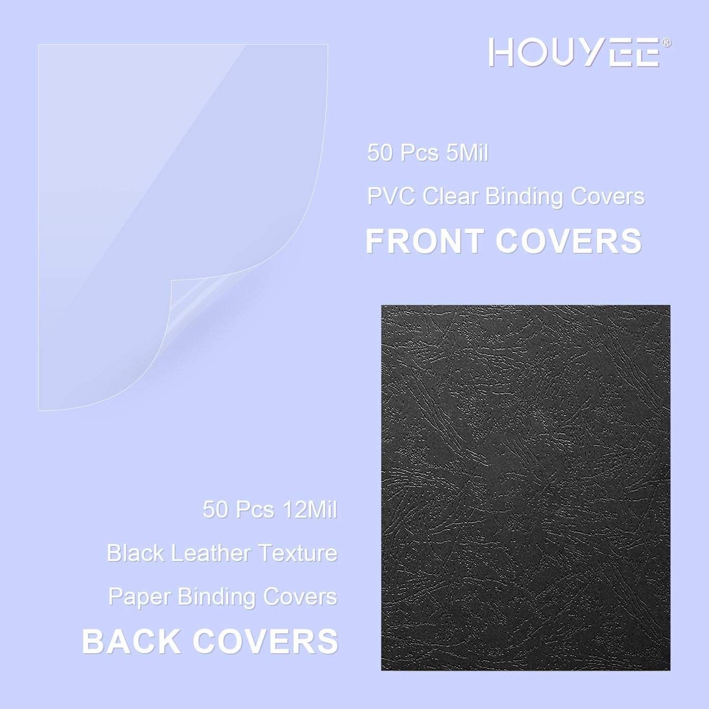 HOUYEE 120 Pack Binding Covers and Backs Set, 8.5x11 Inches, Including 60 Pcs 10 Mil Clear Binding Covers, 60 Pcs 12 Mil Black Plastic Sand Texture Polycovers, Letter Size