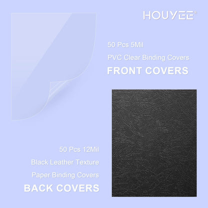HOUYEE 120 Pack Binding Covers and Backs Set, 8.5x11 Inches, Including 60 Pcs 10 Mil Clear Binding Covers, 60 Pcs 12 Mil Black Plastic Sand Texture Polycovers, Letter Size