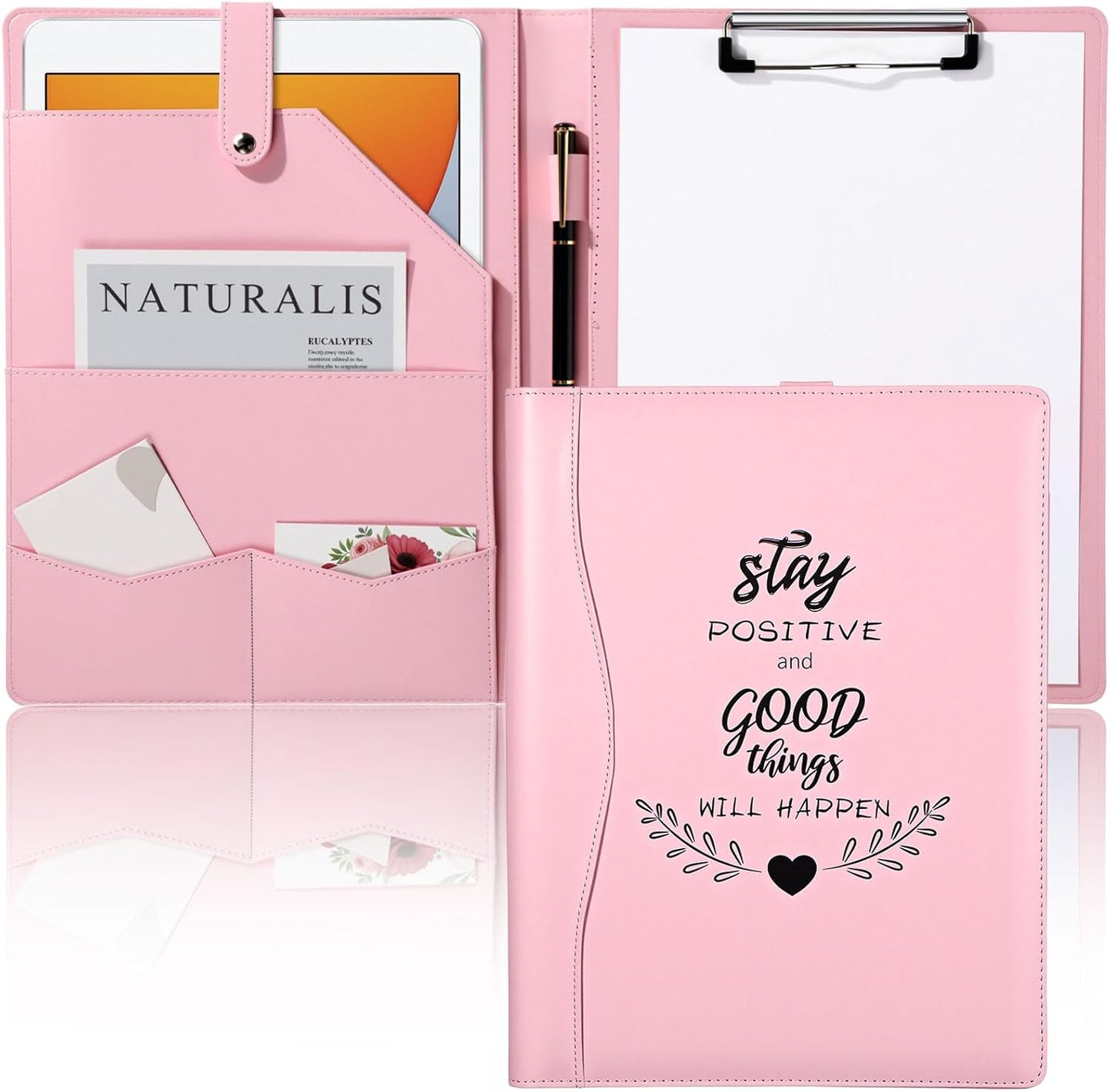 Marspark Pink Padfolio with Clipboard Folder Binder Pad Holder PU Leather Clipboard for A4 Letter Size Notepad Writing Pad for Women School Office Business Meeting