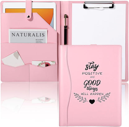 Marspark Pink Padfolio with Clipboard Folder Binder Pad Holder PU Leather Clipboard for A4 Letter Size Notepad Writing Pad for Women School Office Business Meeting