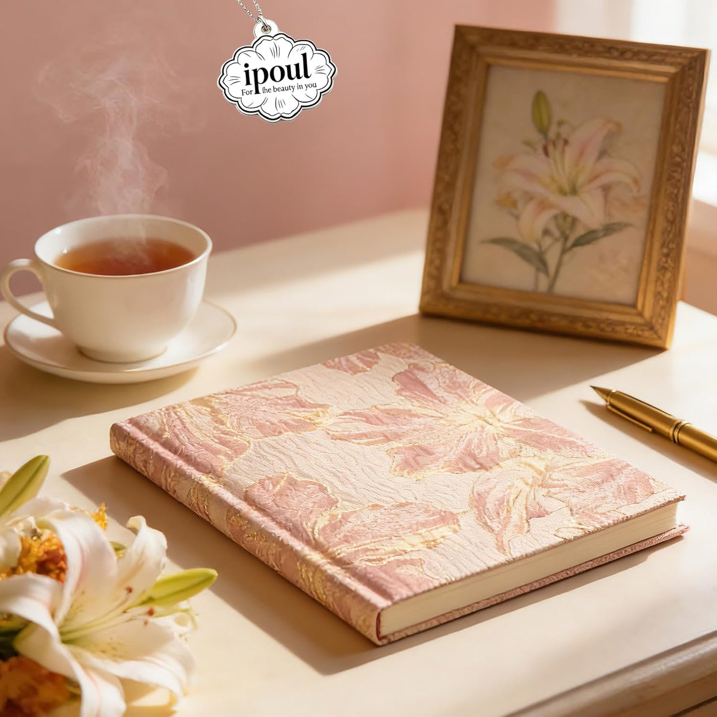 ipoul Flower Notebook, A5, 6x8, Hardcover, Lay Flat, Lined Paper, Journal for Women, Writing Notebook, Pretty, Hibiscus, Pink, Birthday Gifts for Women, Wedding Shower Gifts, Mothers Day Gift