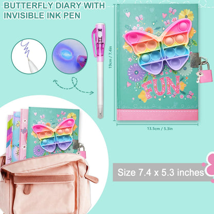 Pop Girls Diary with Lock and Invisible Ink Double-end Pen, 7.5x5.4” 160 Lined Page Fidget Colorful Heart Girls Journal for Kids Secret Notebook Pen Set Birthday Gifts for Girls 5 6 7 8 9 10 Years Old