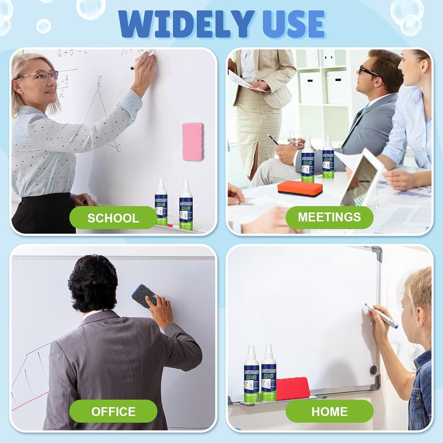 Fuyoooo 16 Pcs Whiteboard Cleaner Dry Erase Set, 8.5 fl oz Whiteboard Cleaning Spray Dry Erase Board Liquid Cleaner with 8 Magnetic Chalkboard Board Erasers for Classroom Home Office