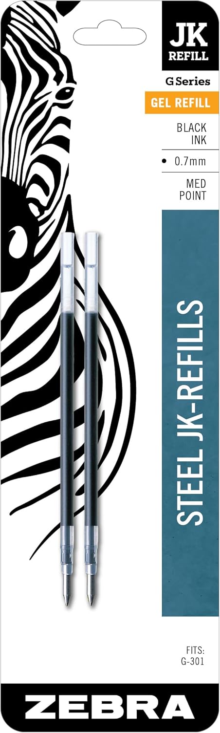Zebra Pen G-301 Stainless Steel Pen JK-Refill, Med Point, 0.7mm, Blue Ink, 2-Count