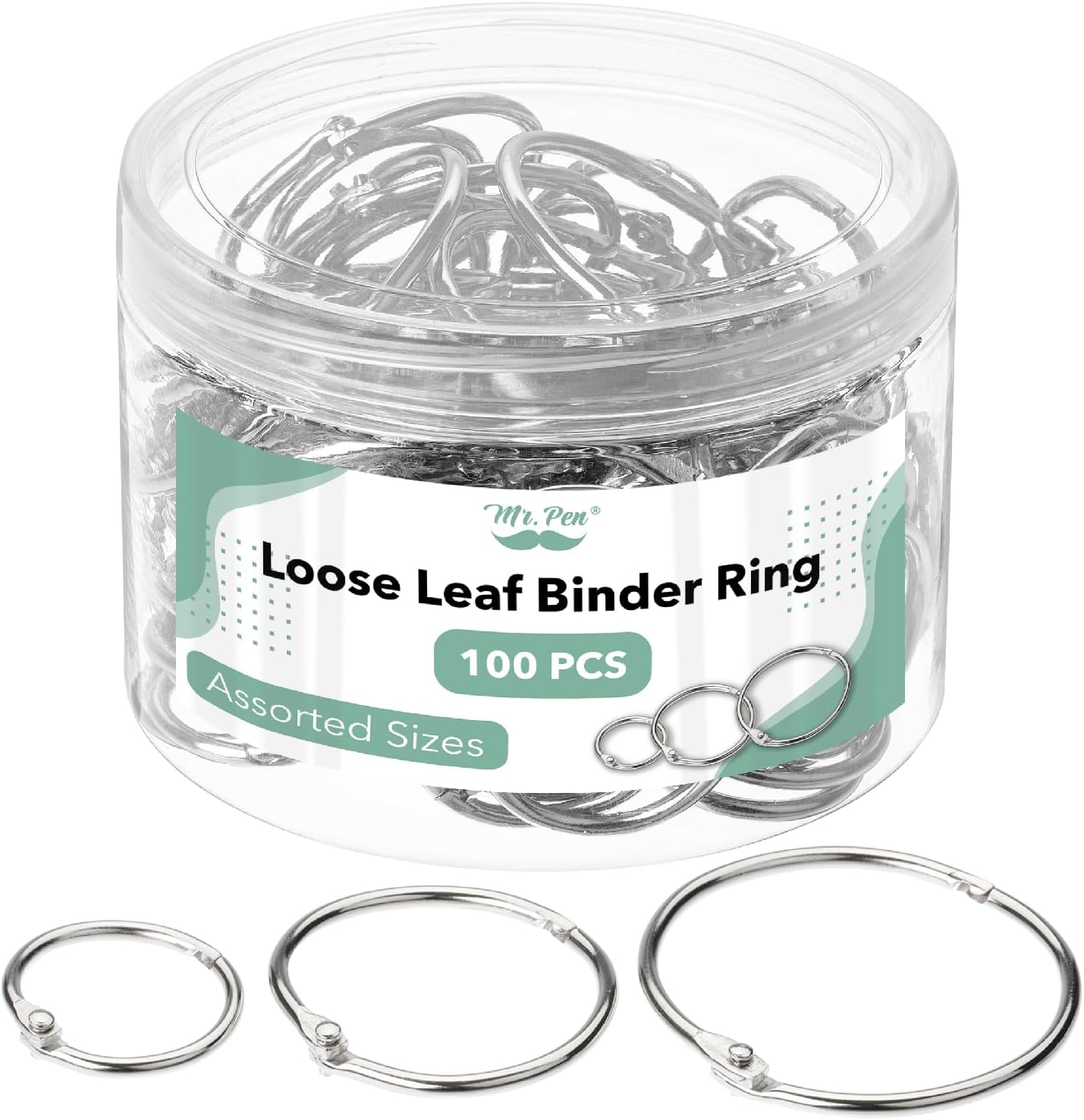 Mr. Pen- Loose Leaf Binder Book Rings, 5 Assorted Sizes (0.6", 1", 1.2", 1.5",2"), 36 Pack, Metal Binder Rings for Index Cards, Keychains, School, Home, Office, Silver