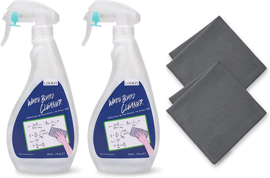 loukin Non-Toxic Whiteboard Cleaner, 17 fl oz Dry Erase Board Cleaner, Low-Odor Whiteboard Cleaning Spray with Cloths, Removes Stubborn Marks from Whiteboards, Chalkboard (2-Pack)