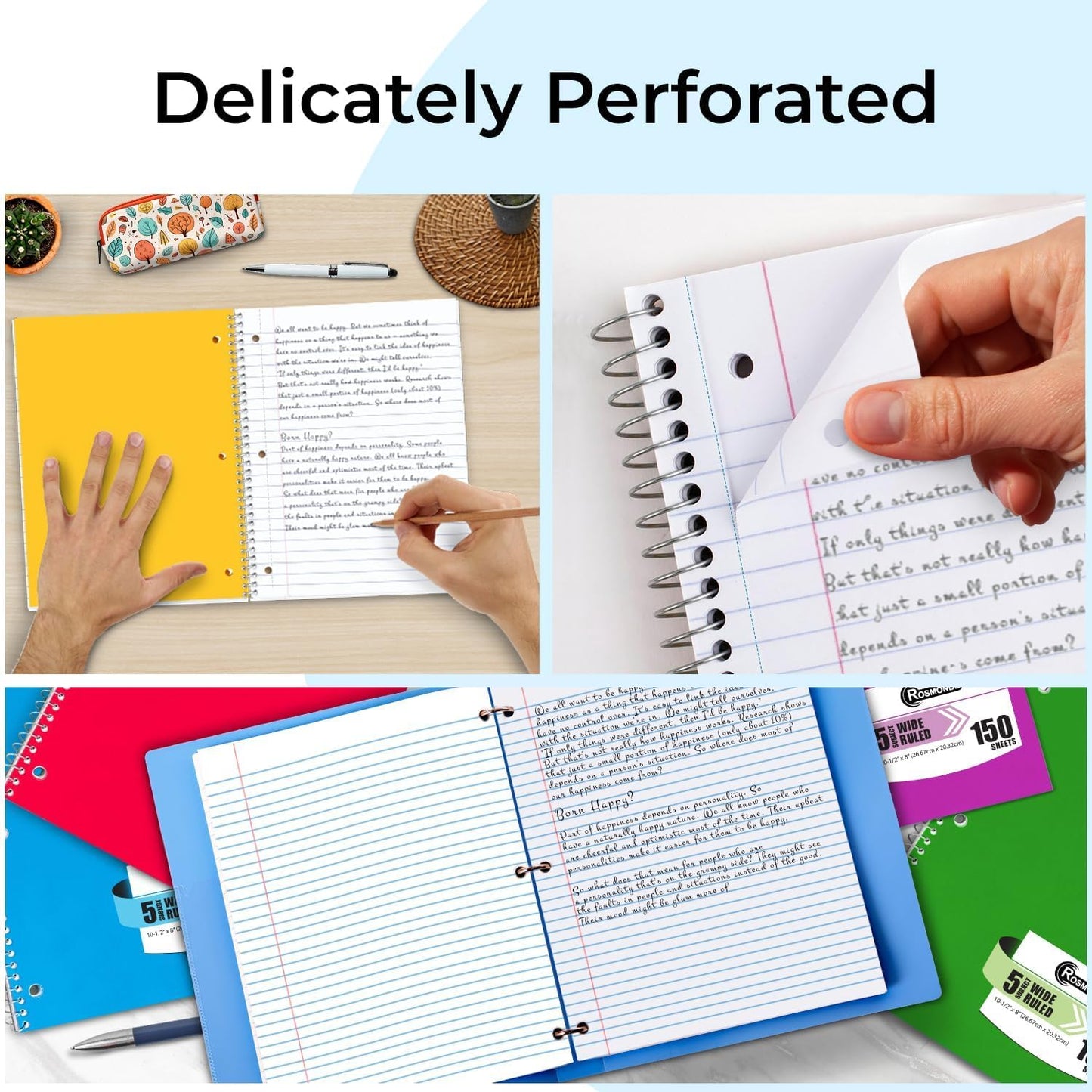 Rosmonde Spiral Notebooks, 24 Pack, 1 Subject Notebook, Wide Ruled, 70 Sheets, 8 x 10-1/2", 3 Hole Punched, School Supplies, Bulk Single Subject Spiral Notebook Bulk, Assorted Colors Pack of Notebooks