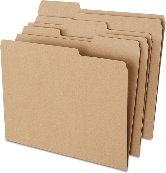 Staples 100% Recycled File Folders, Letter Size, 1/3‑Cut Tabs, Kraft, Eco‑Friendly Heavy‑Duty Paper Stock, 100/Box
