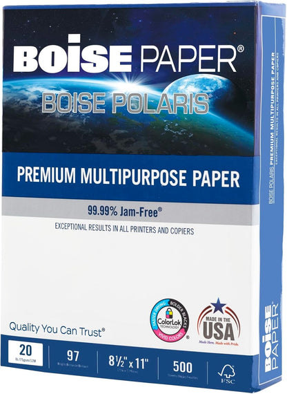 Boise Paper Premium Multipurpose Copy Paper | 8.5" x 11" Letter | 97 Bright White, 24 lb. | 10 Ream Carton (5,000 Sheets)