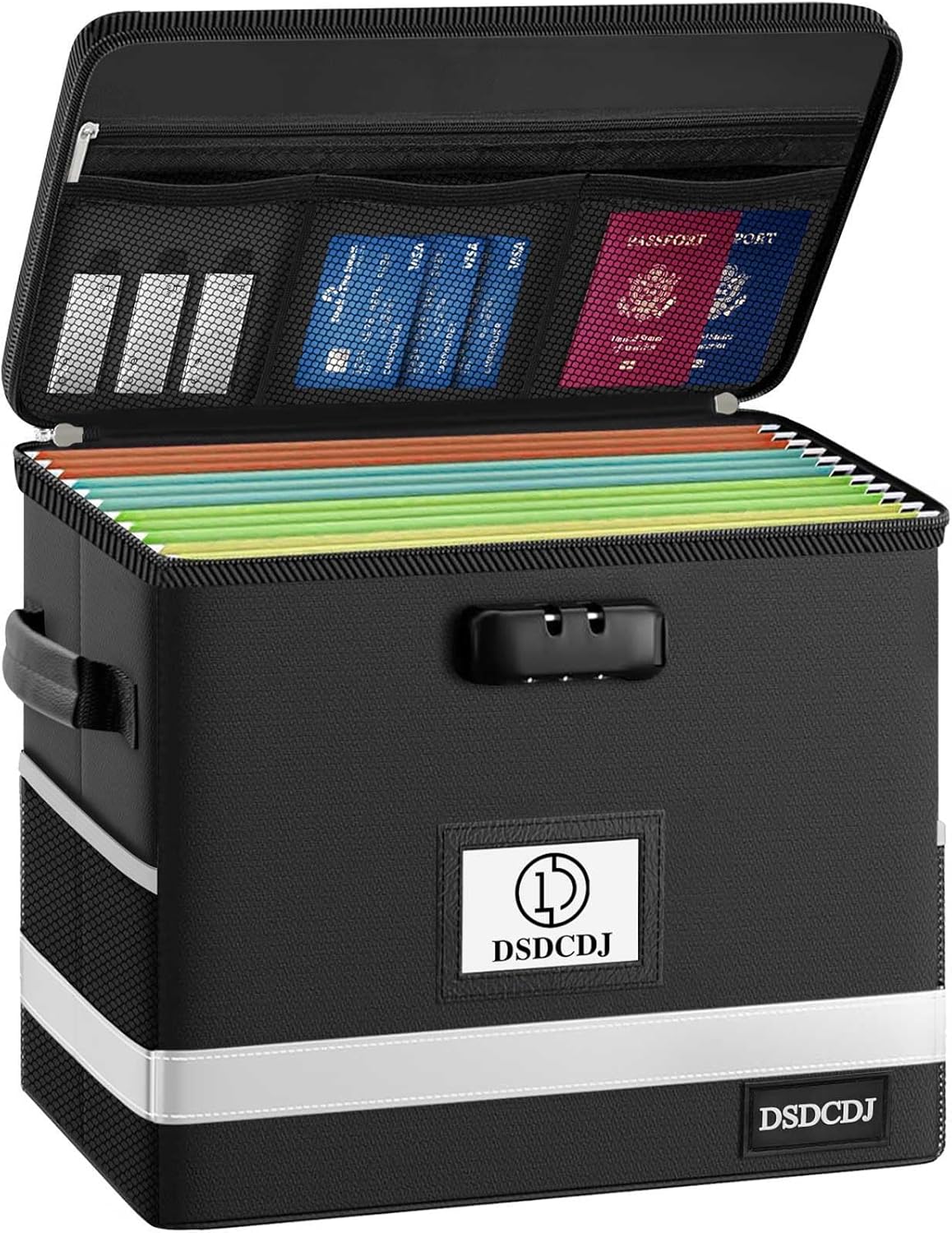 File Box with Lock - Portable File Organizer Box with Handle, Sturdy Important Document Organizer with Label, Slide, Reflective Strip for Hanging Letter/Legal Folder