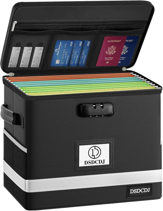 File Box with Lock - Portable File Organizer Box with Handle, Sturdy Important Document Organizer with Label, Slide, Reflective Strip for Hanging Letter/Legal Folder