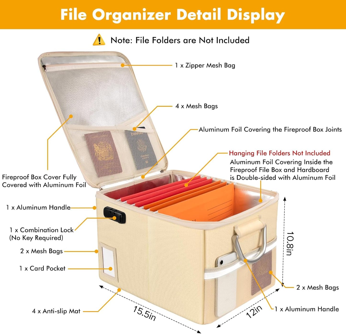 TOMKID Fireproof Document Box, Fireproof File Box with Lids, Important Document Organizer Box with Lock, Portable File Folder Organizer with Handle