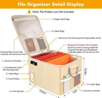 TOMKID Fireproof Document Box, Fireproof File Box with Lids, Important Document Organizer Box with Lock, Portable File Folder Organizer with Handle